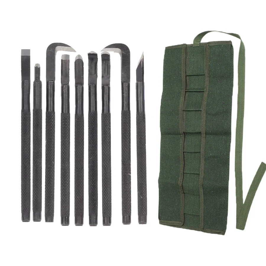 9Pcs Bonsai Carving Tool Set Forging Steel Carving Hooked Knife Kit Anti-slip Handle Garden Pruning Tools with Storage bag