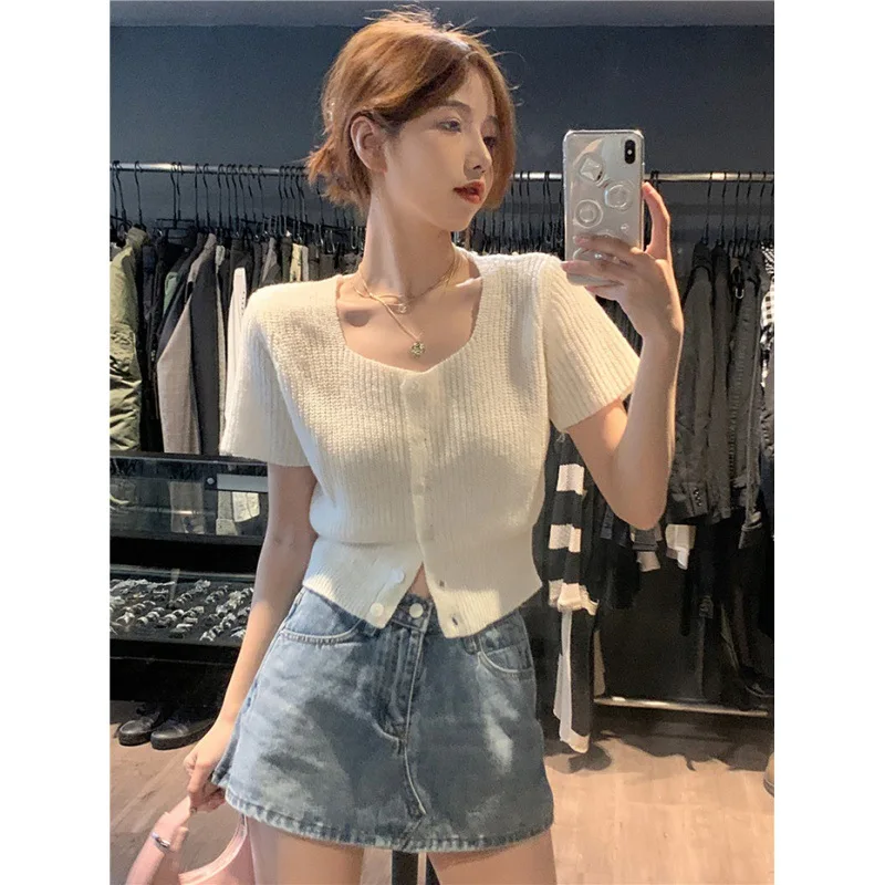 

White Square Collar Short sleeve Knit cardigan Women Summer 2024 New Design Short Waist Hugging Chic Top Thin