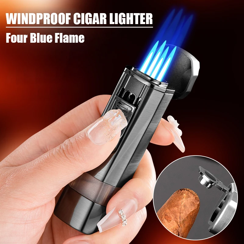 Windproof Four Fire Jet Flame Torch Cigar Lighter, Visible Large Capacity, Gas Chamber, Adjustable Bottom Cigar Cutter