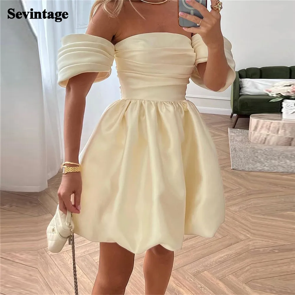 

Sevintage Faint Yellow Prom Dresses OFF The Shoulder Strapless Above Knee Pleat Ruched Gown Homecoming Dress Graduation Party