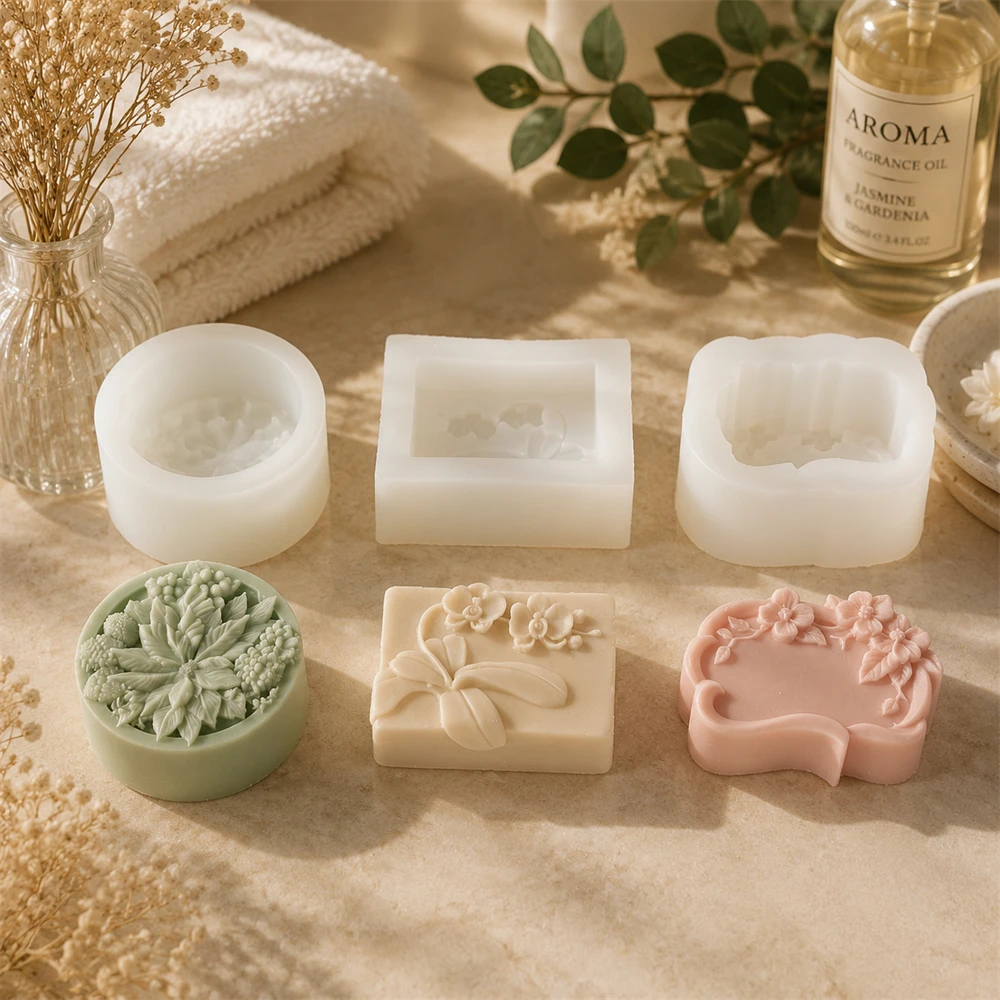 Moule à savon en silicone motif floral de luxe, moule à savon en relief floral, moule artisanal botanique DIY pour savon fait main, bougie, résine et art.