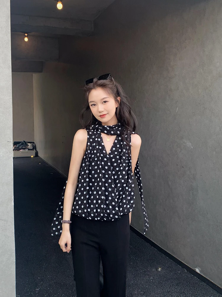 

Bigyu Retro Polka Dot Chiffon irt V Ne Faionable Commute OL Svel Loose Top Two Piece Set Women's Faion Summer