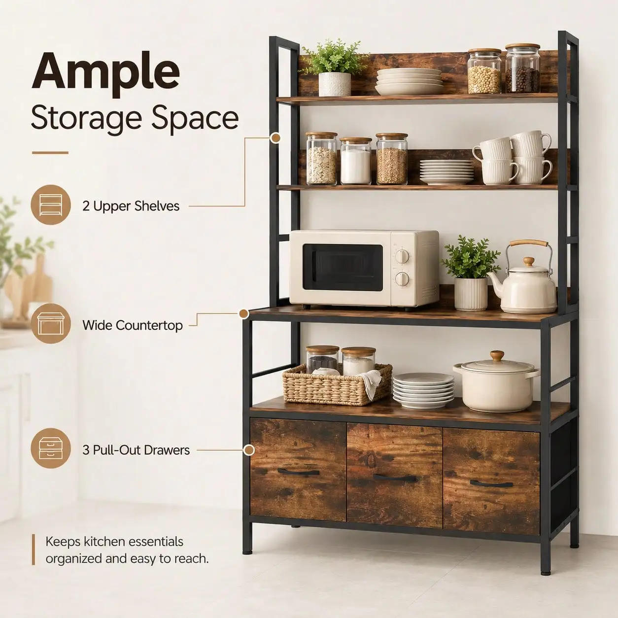 Kitchen Bakers Rack With 3 Baskets,5-Tier Free Standing Kitchen Storage Shelf Rack,Industrial Microwave Oven Stand,Metal Kitchen Organizer Rack With Hooks,Coffee Bar Station,Kitchen Furniture,Brown/Black view 5