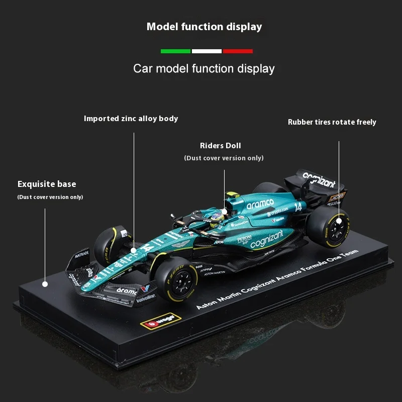 New Bburago 1:43 Aston Martin 2023 F1 Alonso #14 Aramco AMR23 Car Model Dust Cover #18 Stroll # Alloy Car Die Cast Toy