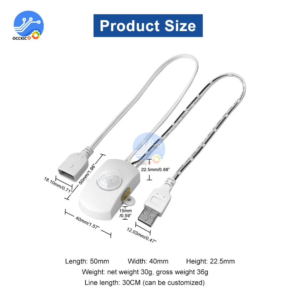 Interruptor de Sensor de movimiento PIR infrarrojo para tira de luz LED, Detector de movimiento humano, USB, 5V, 12V, 24V