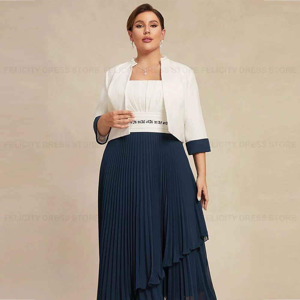 Two Piece Plus Size Mother of the Bride Dresses 2023 A-line Square Chiffon Pleated Sequin Wedding Guest Dress فستان حفلات الزفاف