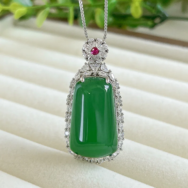 Silver Plated Vintage Pendant Necklace Rectangle Imitation Imperial Green Chalcedony Full Pave Zircon Women Luxury Jewelry