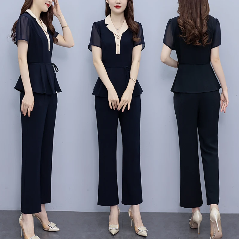 Women Summer Clothing Sets 2023 New Wide Leg Pants & Blazer Collar Slim Patchwork Top 2 Pieces Outfits Office Lady Pantsuits