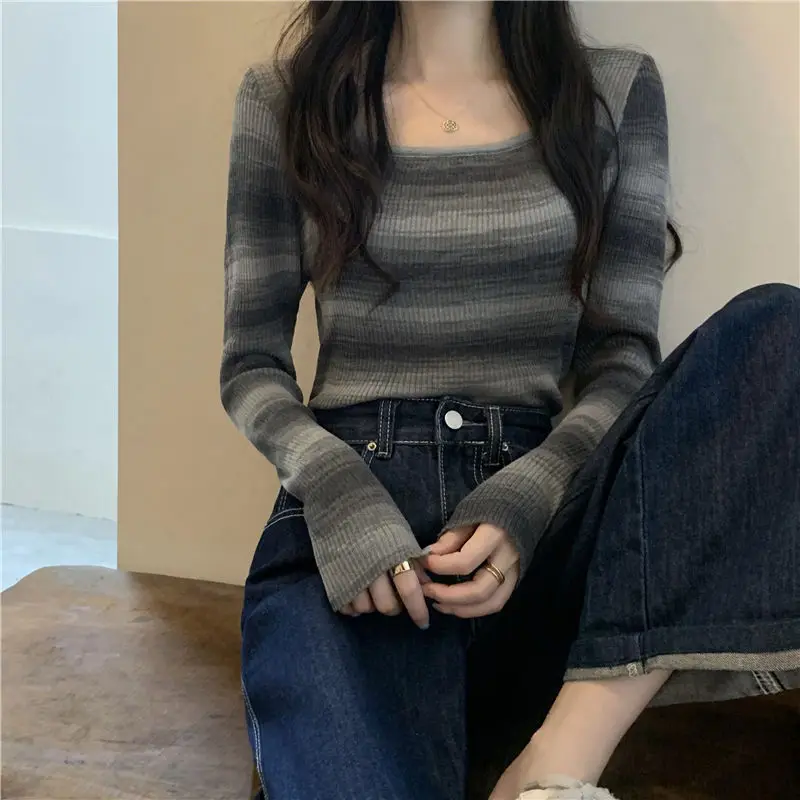 Slim Casual Long Sleeve Pullovers Interior Lapping Fashion Square Collar Tops Undercoat Sweaters Vintage Women Clothing 2023