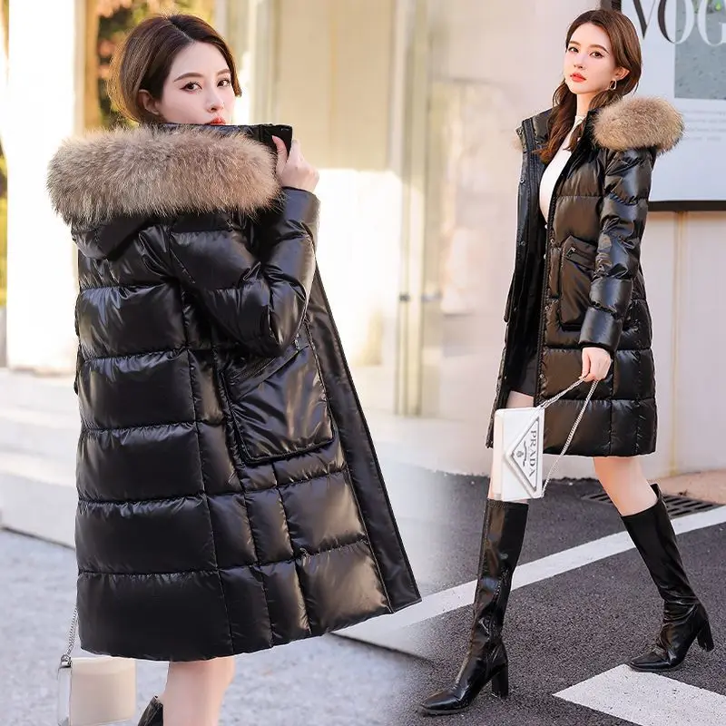 2023 New Winter Fashion Fur Collar Bright Face Down Coat Women\'s Mid length Down Jacket Knee Thickened Warm Cotton Coat