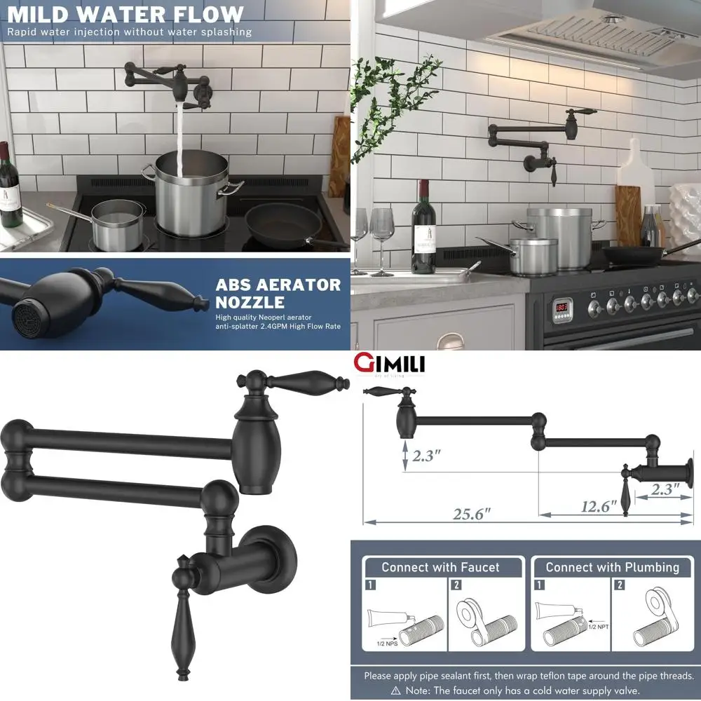 

Настенный матовый черный смеситель с поворотным рычагом и двойным шарниром для наполнения горшкой для использования на кухне