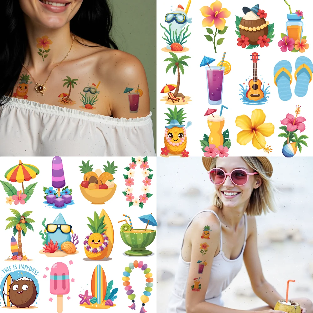 63 pièces tatouage temporaire icônes tropicales dessin animé symboles de plage autocollants de tatouage temporaire pour joues filles garçons