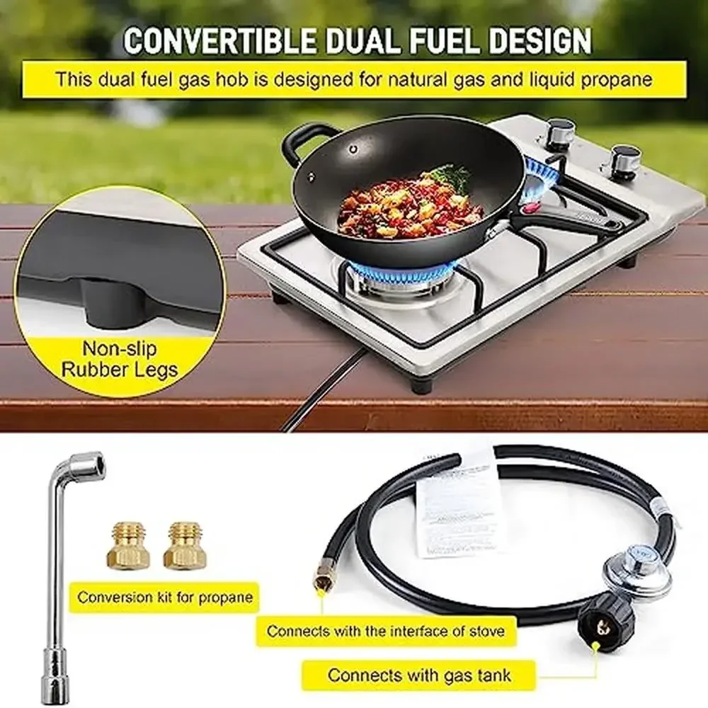 Cuisinière à gaz naturel en acier inoxydable pour touristes, 2 brûleurs, propane, compte-gouttes, toit facile à nettoyer avec ville électrique, 12 po