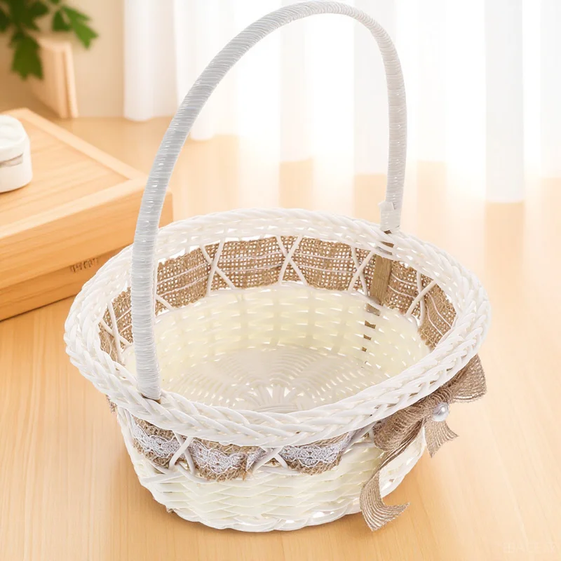 ريفي الزفاف سلة زهرة المنسوجة يدويا سلة دانتيل مستديرة حفلة صور الديكور مقبض سلال لحفلات الزفاف