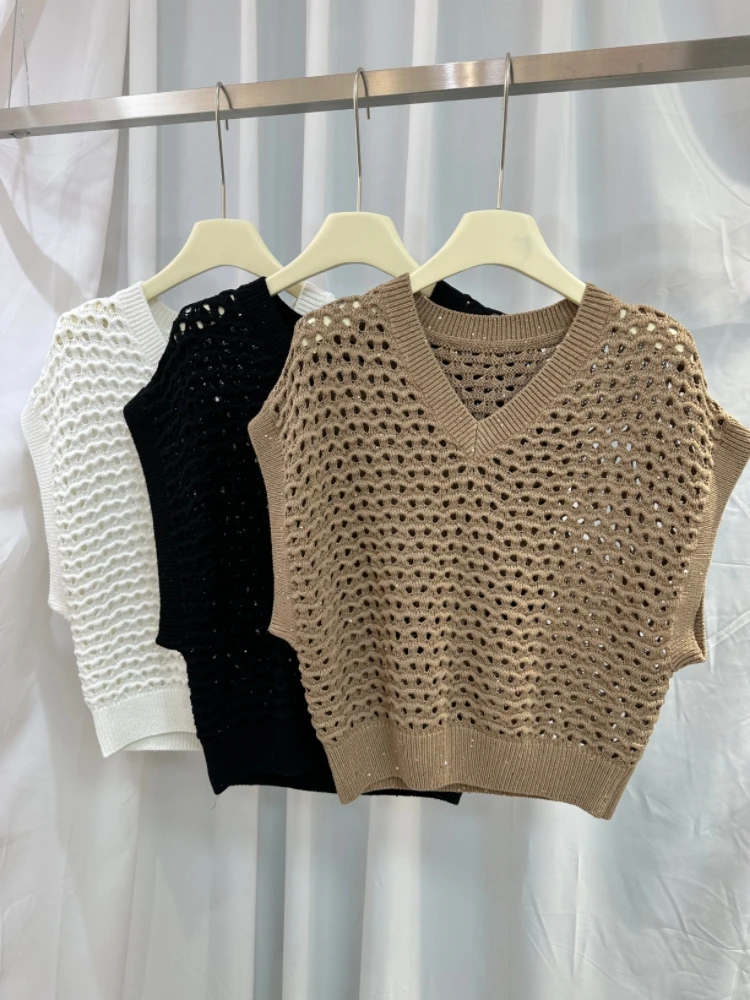 24B//C New Women's Knitted Sweater Mesh Fish Scale V-neck Pullover Casual Style Sleeveless Vest Top