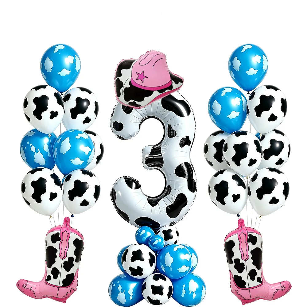 35pcs Western Cowboy Birthday Balloon Decoration Set Farm Pink Cowboy Hat Boots 40in Digital White Cloud Balloon Party Supplies