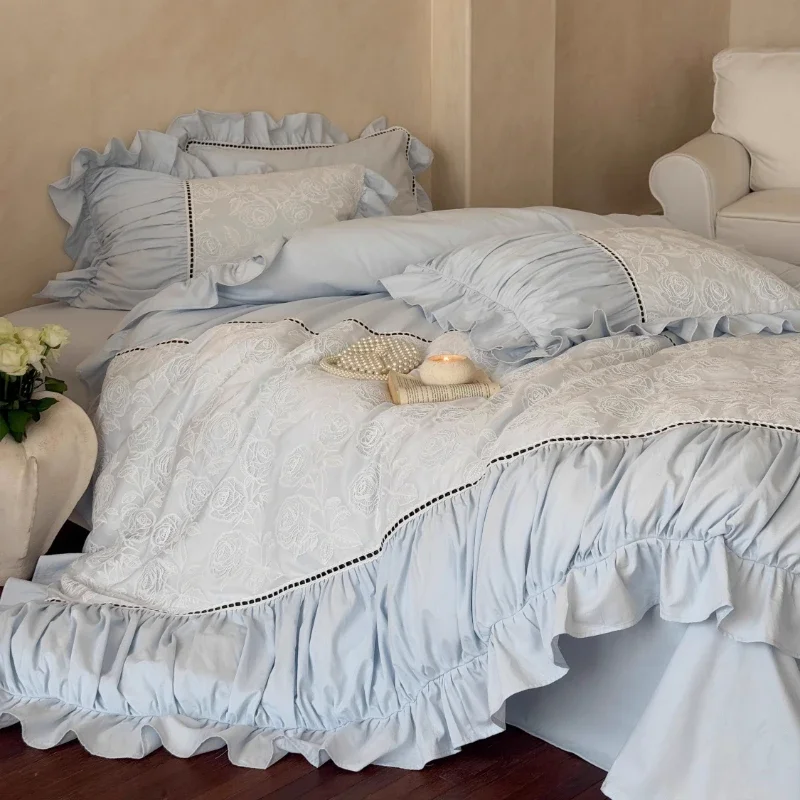 French romantic girl cotton polished four-piece set of pure cotton niche hollow rose quilt cover bedding