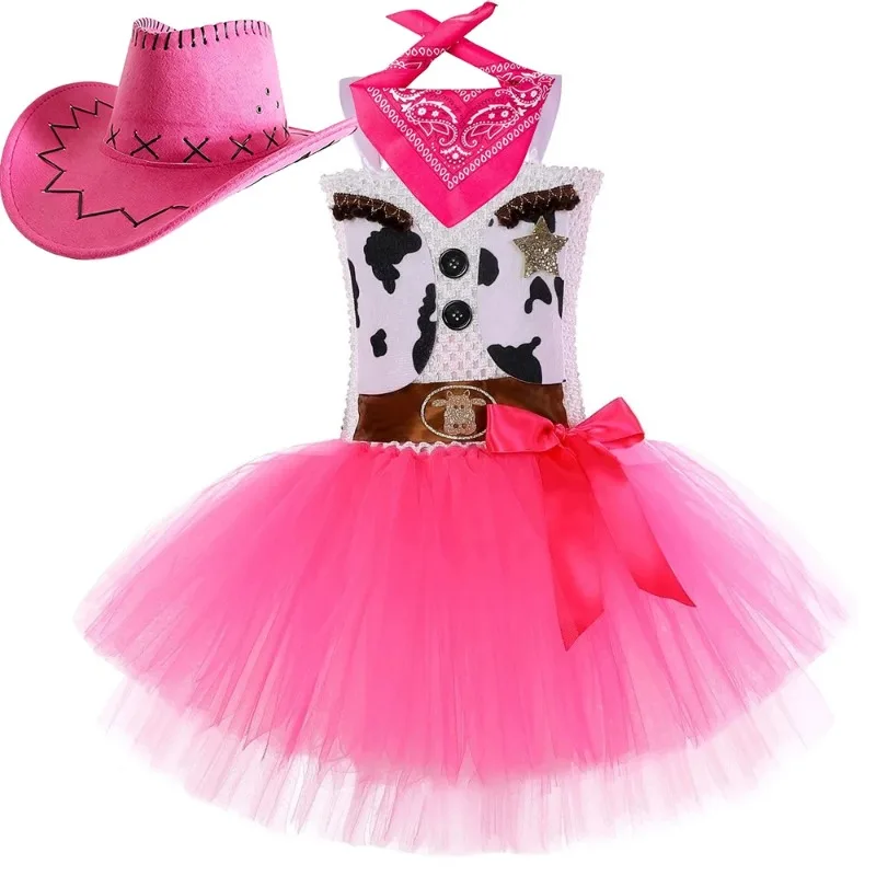 Little Girls Pink Princess Denim Tulle Ruffle Skirt Outfit Set with Matching Color Hat and Scarf,Dress for Festivals, Halloween