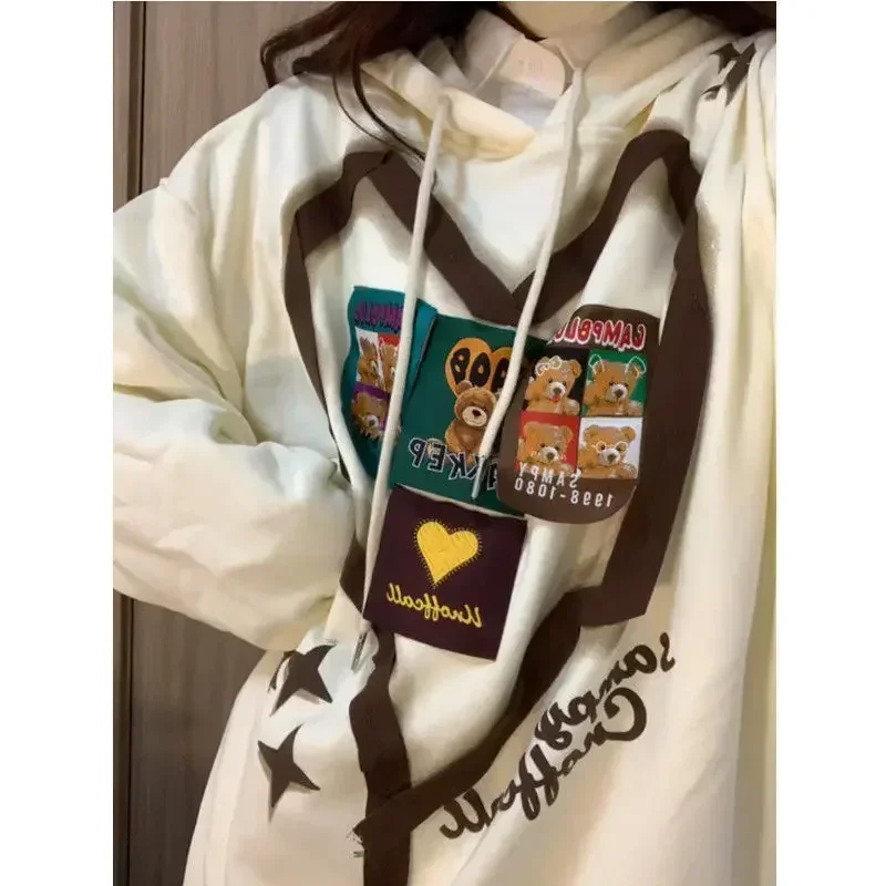 

Oversize Sweatshirts Y2k American Heart Patch Design Hooded Vintage Print Women Long Sleeve Pullovers Harajuku Sudaderas Hiphop