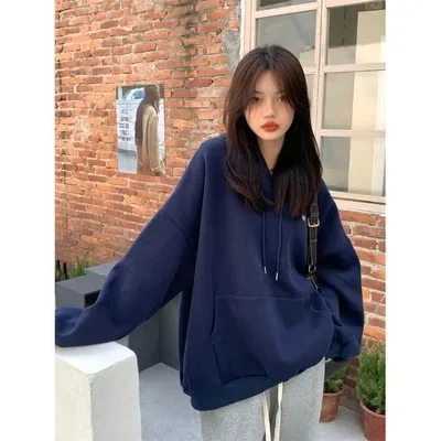 Fleece-Lined Hooded Sweatshirt Women's Couple Costume 2023 Autumn/Winter Loose Fit Casual Jacket Hooded Sweatshirt Women's Cloth