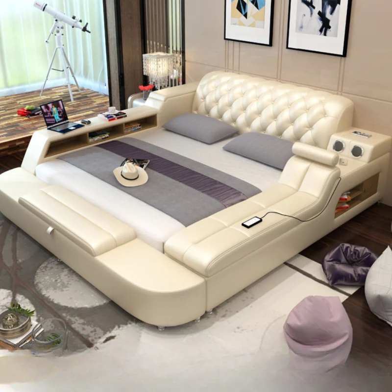 Leather Tatami Double Bed Simple Massage Multi Function Luxury Double Bed Master White Camas De Dormitorio Bedroom Furniture