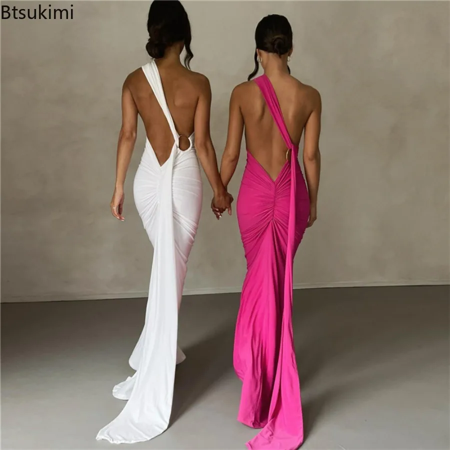 

New Women's Halter Neck Waist Revealing Backpack Hip Dress Sleeveless Waist Mopping Skirt Temperament Solid Color Women's Dress