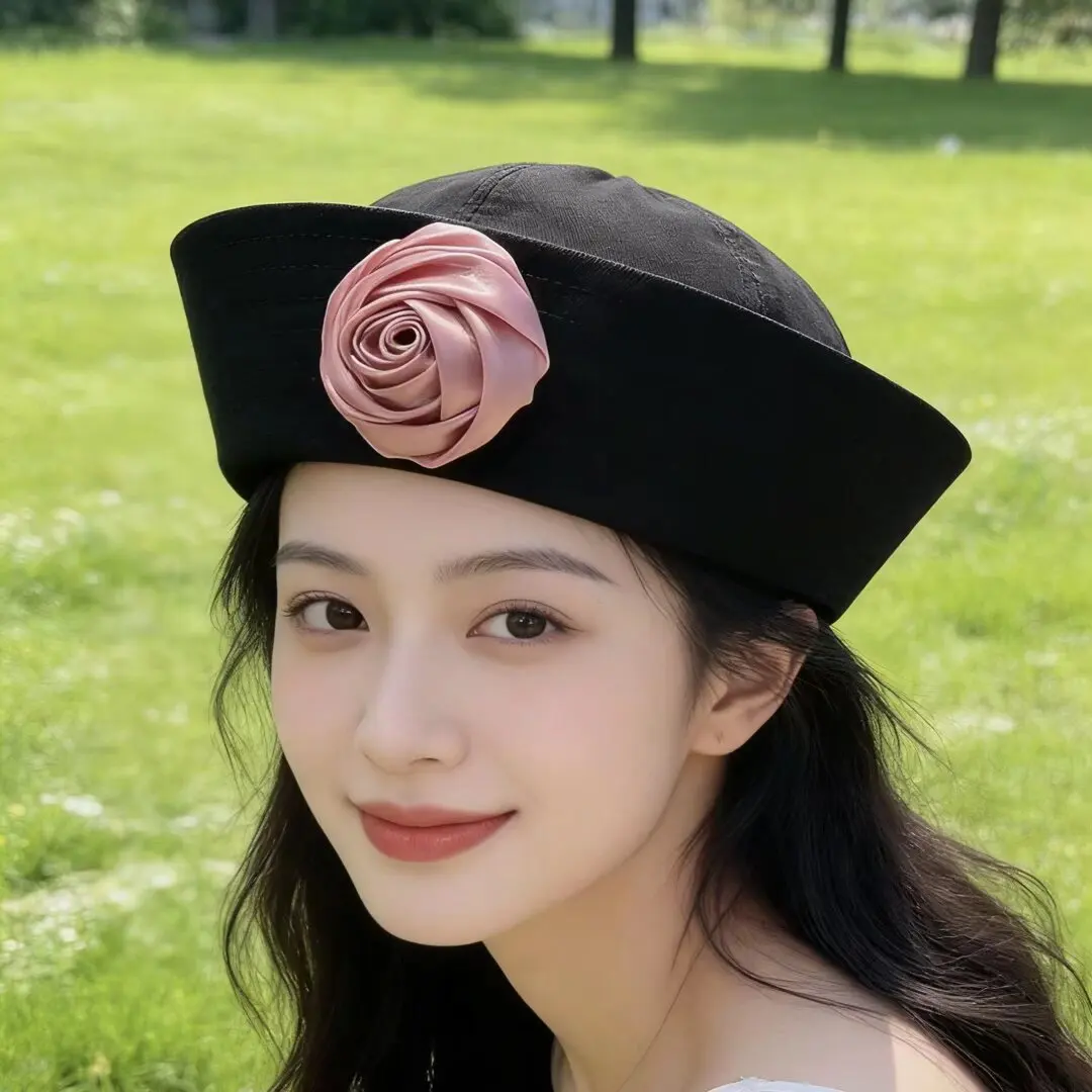Hepburn Style Black Rose Sailor Hat Summer Rich Little Fragrance Hat Women Versatile Octagonal Beret