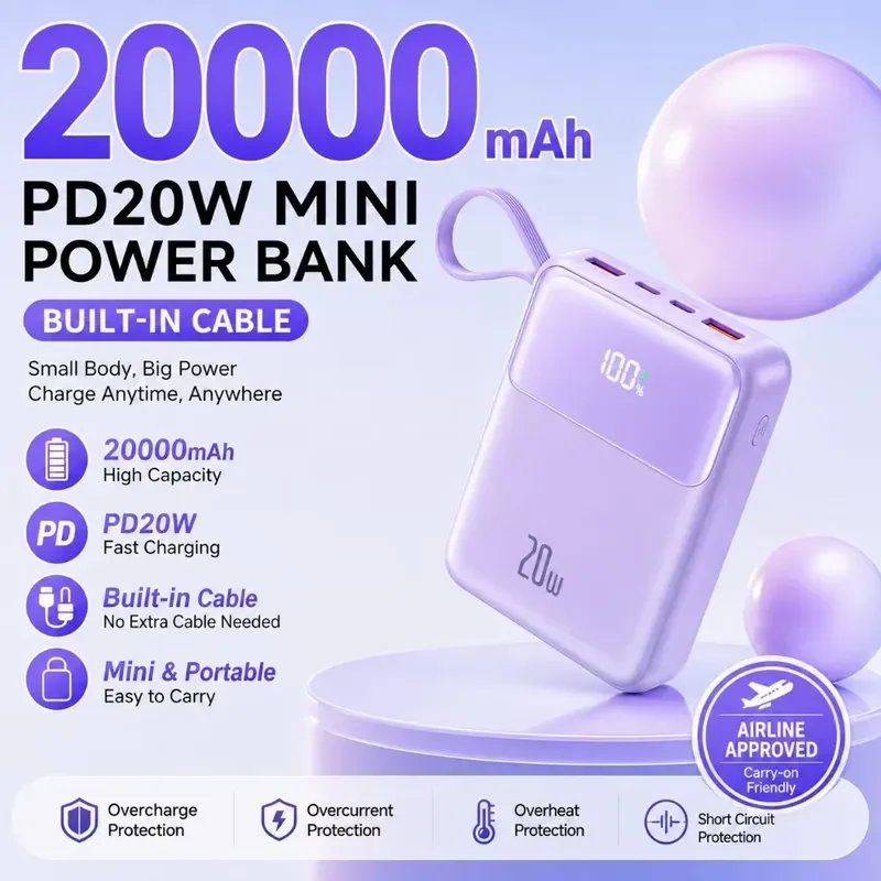 20000mAh Mini Power Bank PD 20W Fast Charging Built in Cable Compact Portable Charger for iPhone Xiaomi