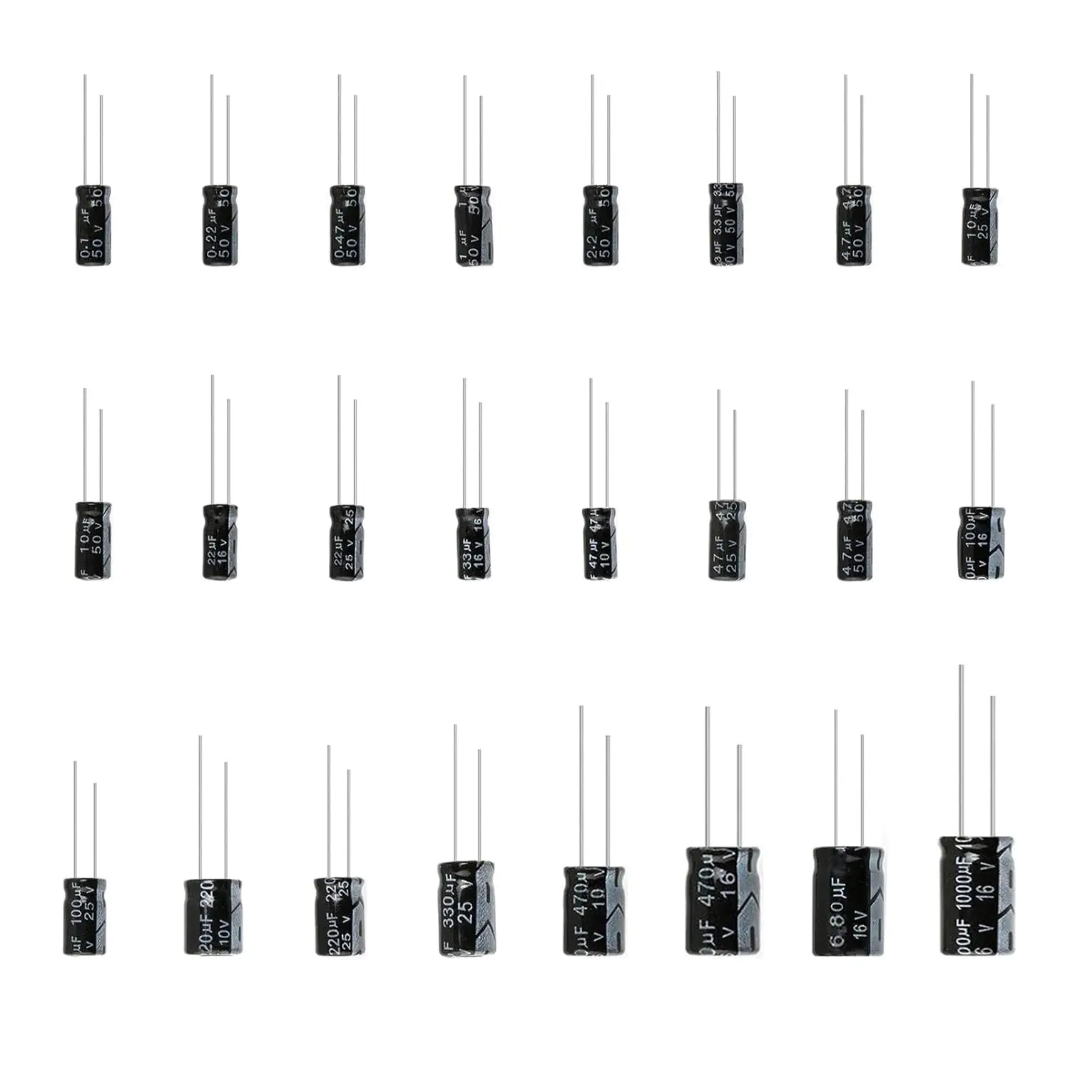 240 peças 24 tipos diferentes de capacitores eletrolíticos faixa 0.1uf-1000uf kit de sortimento, 10v/16v/25v/50v eletrólise radial de alumínio