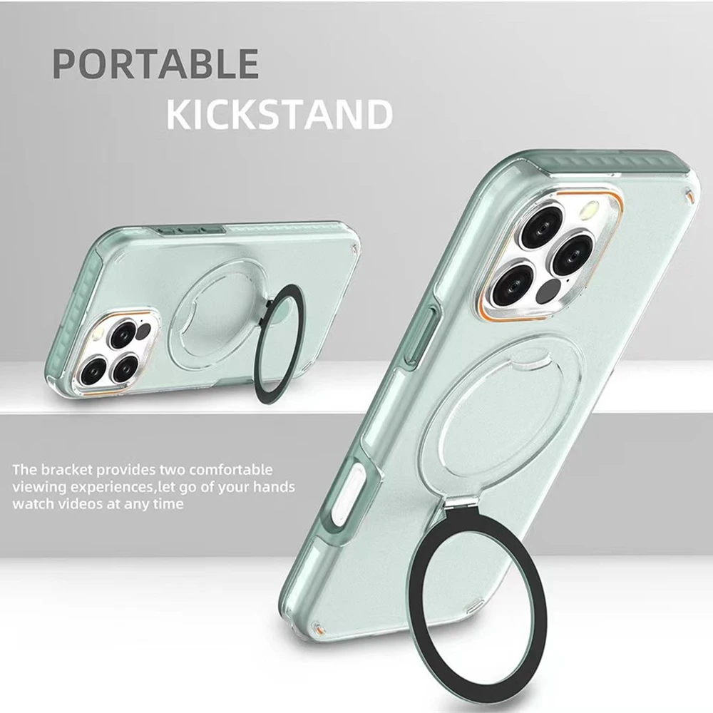 2026 جديد فاخر المغناطيسي حامل طبقتين حماية جراب هاتف آيفون 16 15 17 برو ماكس ل Magsafe حلقة معدنية حامل غطاء