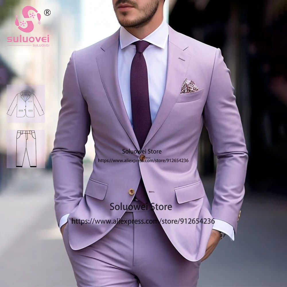 Fashion Lilac Slim Fit Suits For Men Elegant 2 Piece Jacket Pants Set Formal Grooms Wedding Notch Lapel Tuxedos Vestido De Novia