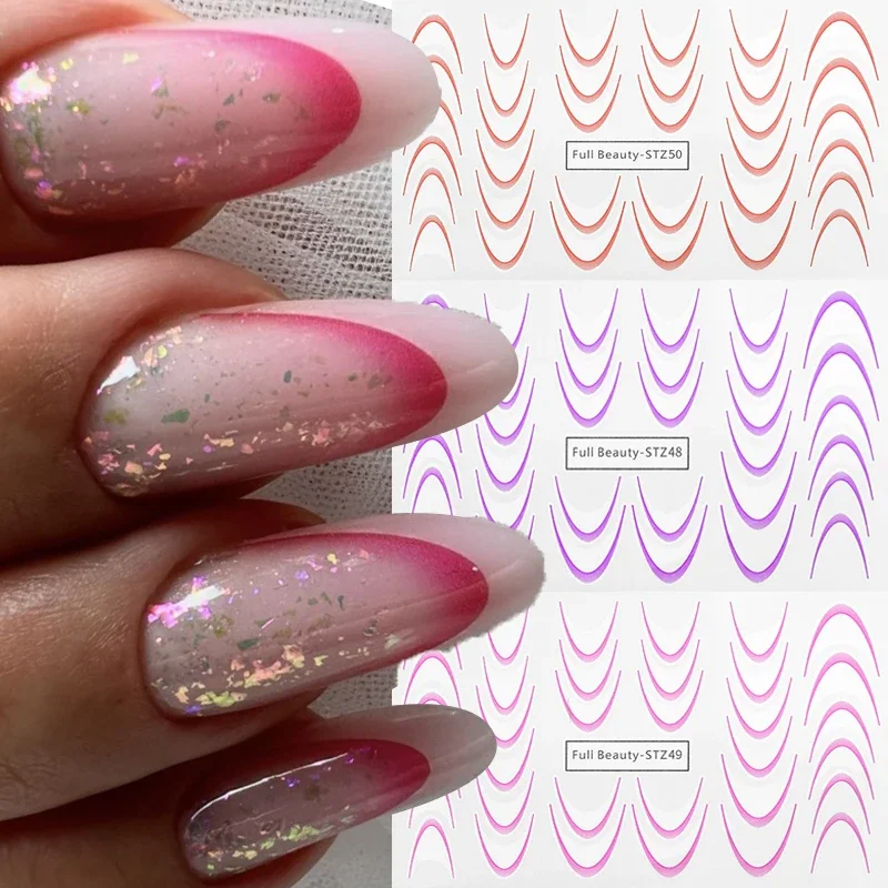 Rose Red Gradient French Nail Sticker Set Colorful Stripe Line Designs Nail Tips Decals DIY Nail Art Transfer Sliders Decoration