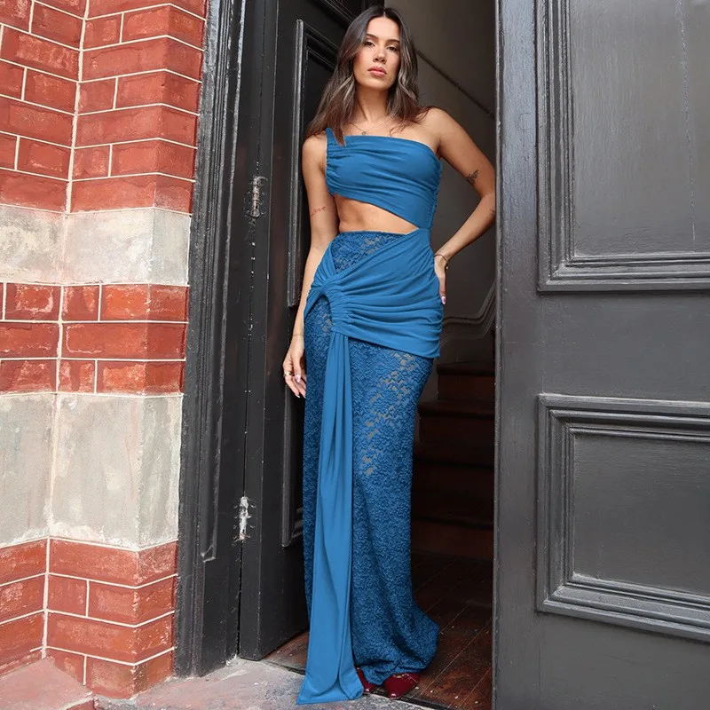 

Wedding Guest Dress Evening Off Shoulder Lace Dresses Party Long Dress Cut Out Waist Maxi Dress Side Slit with Ruched Detail