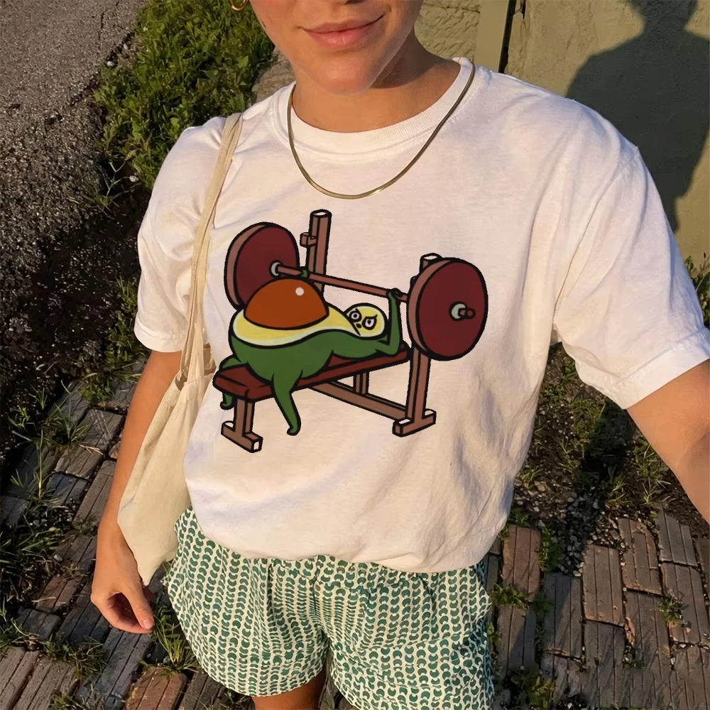 Avocado Bench Press Gym Graphic T Shirt Female Healthy Eating Meme Tee Summer Fitness Workout Top Funny Fruit Cartoon