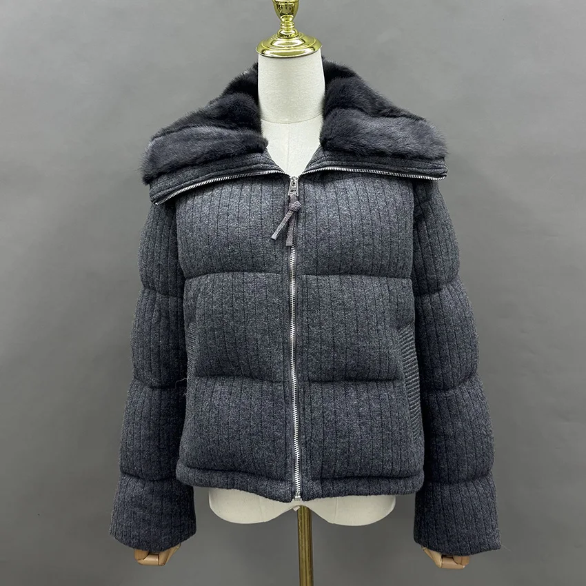 JANEFUR Women's Short Down Jacket With Real Mink Fur Collar Solid Color Knitted Winter Warm Thick Female Outwear JFB8-26001