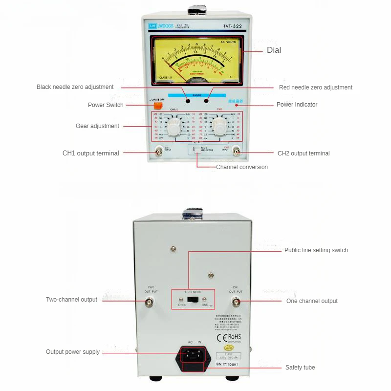 TVT-322 Dual Channel Milivoltmeter Double Needle Millivoltmeter New Design High Quality Pointer Voltage Measuring Instruments