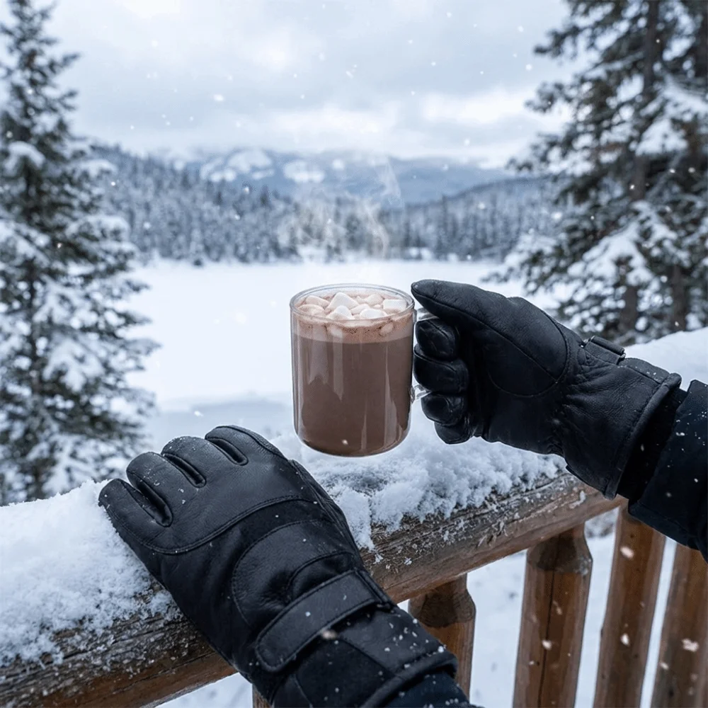 Faux Leather Winter Men Gloves Thick Fleece Lined Waterproof Touchscreen Gloves Non-Slip Adjustable Cuff Strap Motorcycle Gloves