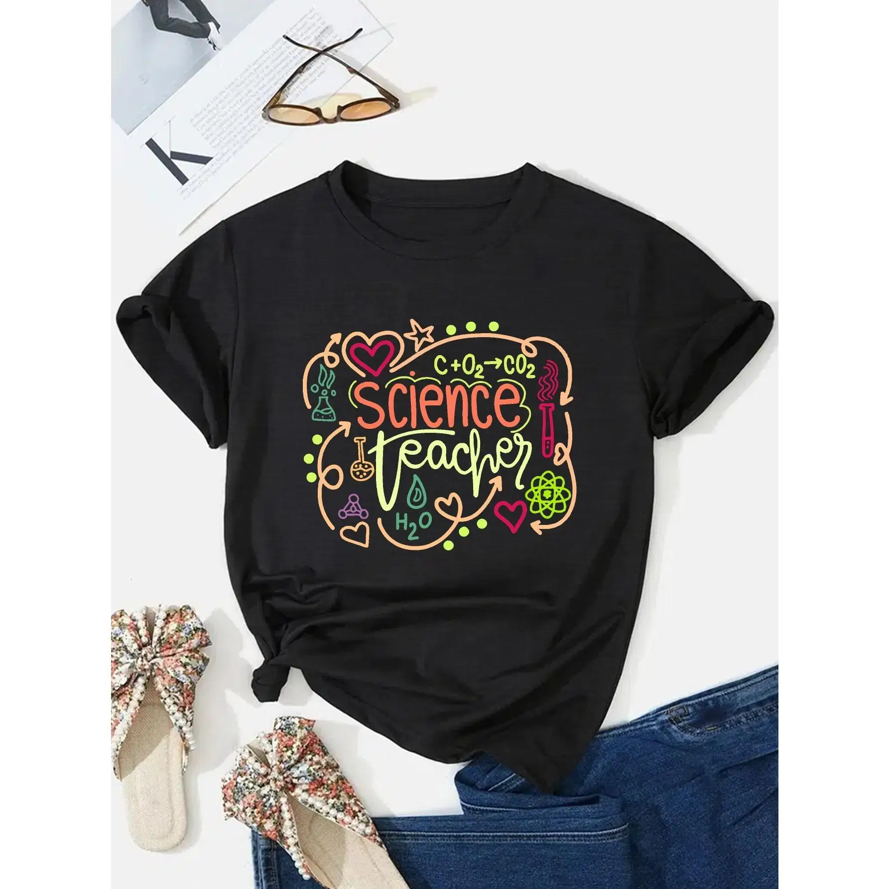 

Women's Comfortable Polyester T-Shirt with Floral Print - Casual Round Neck, Short Sleeve Top for Summer