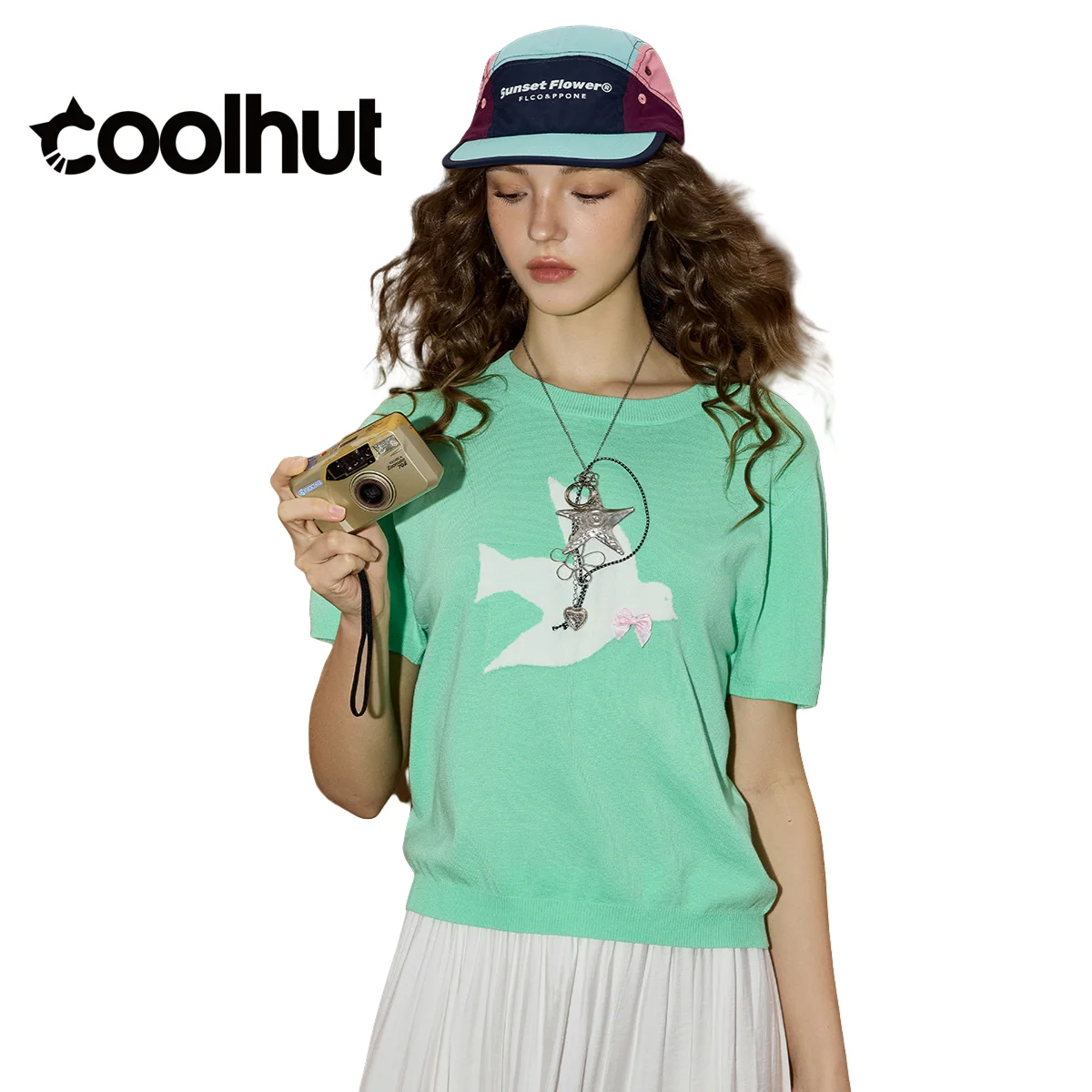 

COOLHUT женский мягкий жаккардовый вязаный топ с бантом, круглый вырез, короткий рукав, Y2K, модная футболка, пуловер, блузка, уличная одежда