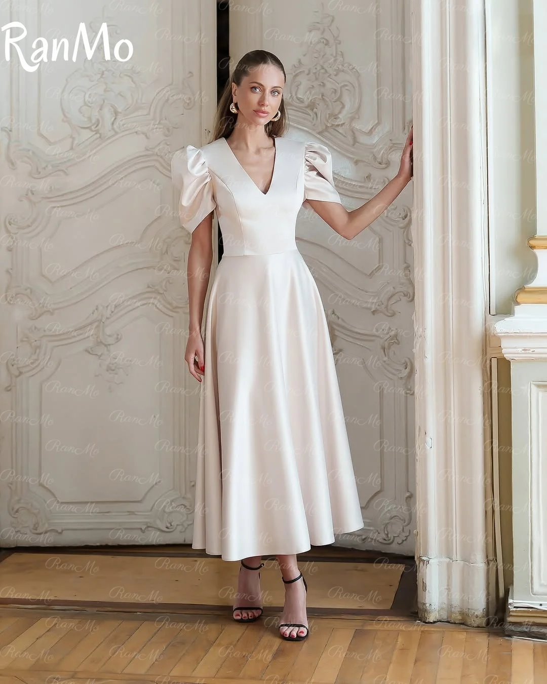 Ranmo2025 Elegant Short Sleeve V-neck Prom Dress A Line Evening Dress Satin Tea-Length Pleat Prom Gown Customsied Birthday Dress