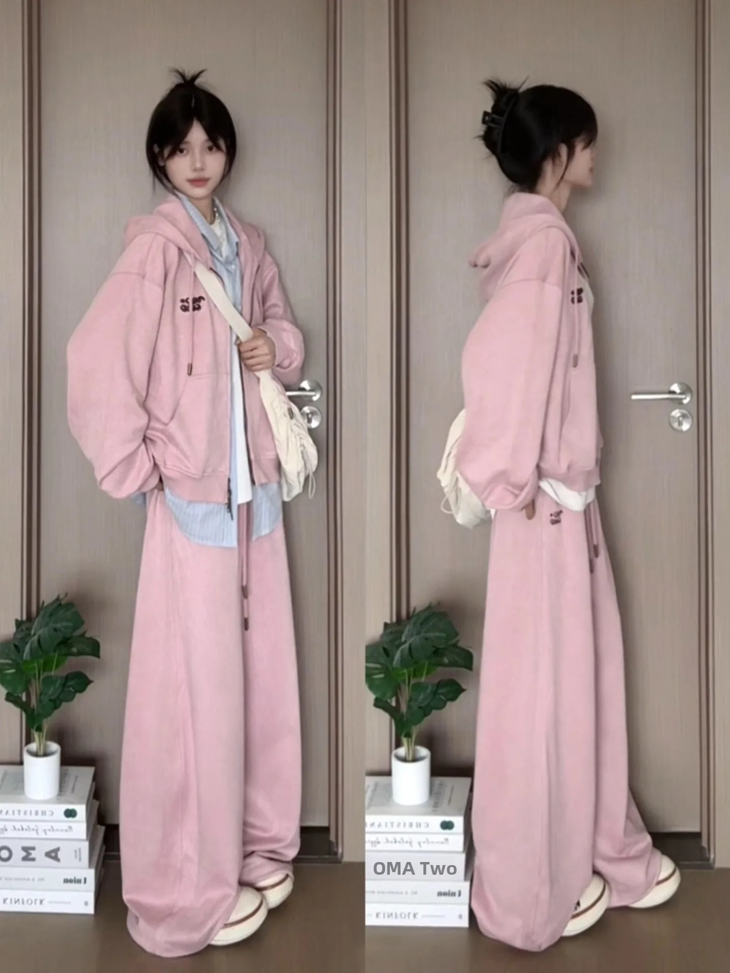 

Премиальный спортивный комплект для женщин: осенне-зимний свободный утепленный флисом худи-куртка и широкие брюки, повседневный комплект из двух предметов