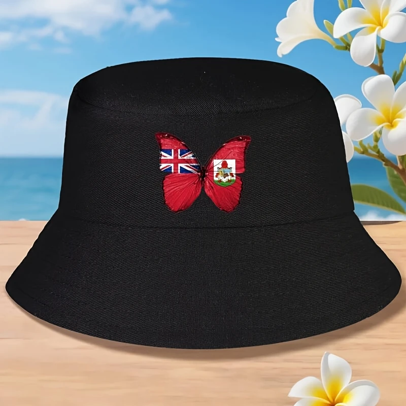 Sombrero de Pescador con Diseño de Bandera de Bermudas y Mariposa - Sombrero de Sol Unisex de Ala Ancha para Hombre y Mujer con los Colores de la Isla de Bermudas (Negro, Rojo, Blanco)