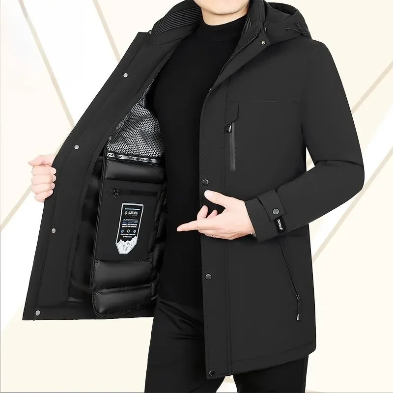 Mantel panjang musim dingin pria, jaket parka santai longgar setengah panjang, jaket tebal hangat mode luar topi dapat dilepas