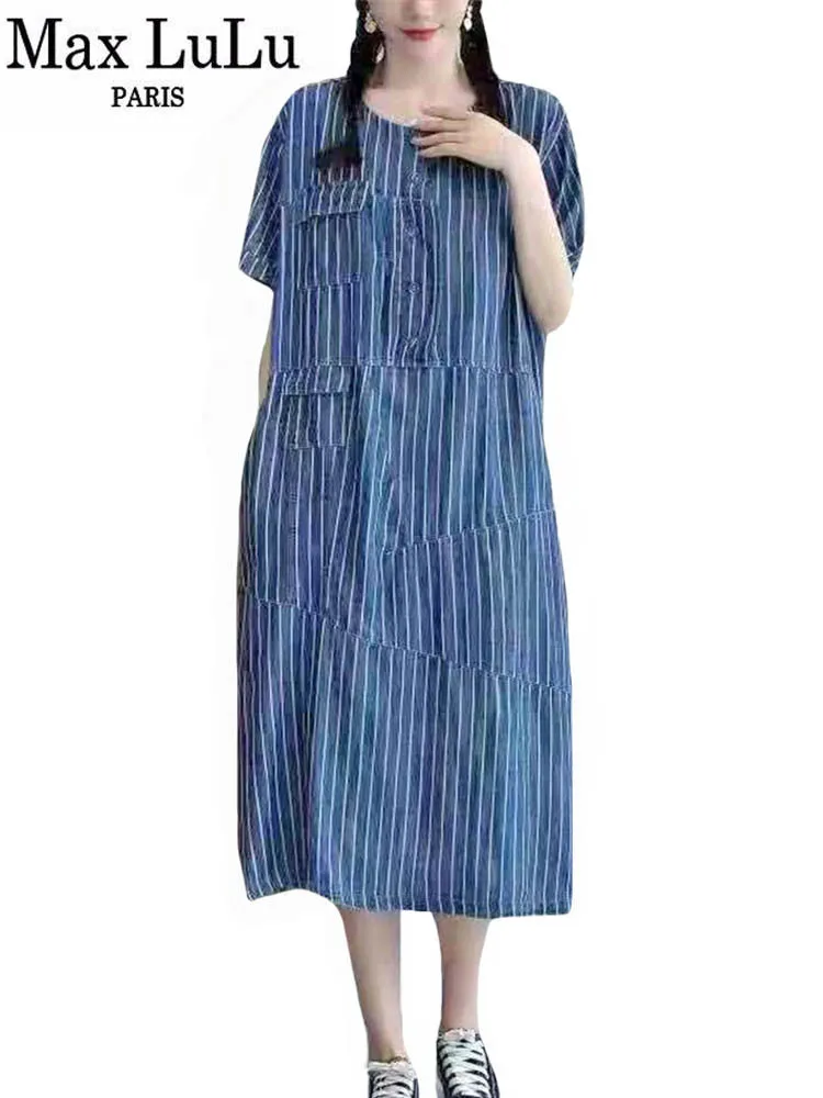 Max LuLu 2025 New Ladies Spring Luxury Vintage Style Clothing Womens Loose O-Neck Striped Dresses Sexy Patchwork Casual Vestidos