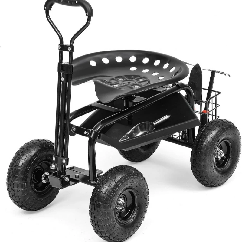 

Rolling Garden Cart with 360° Swivel Work Seat, Adjustable Height, 10" Pneumatic Tires, Tool Tray & Storage Basket, Extendable H