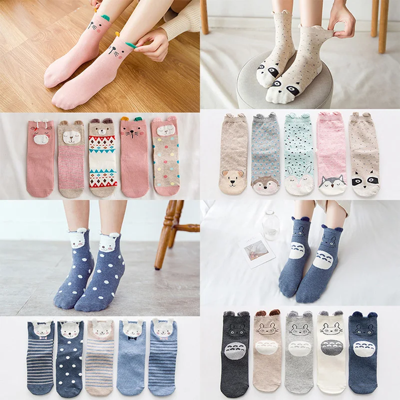 

5 Pairs Cartoon Kawaii Women Mid Socks Hosiery Cute Animals Pattern Cotton Short Socks Student Casual Printed Socks Female Meias