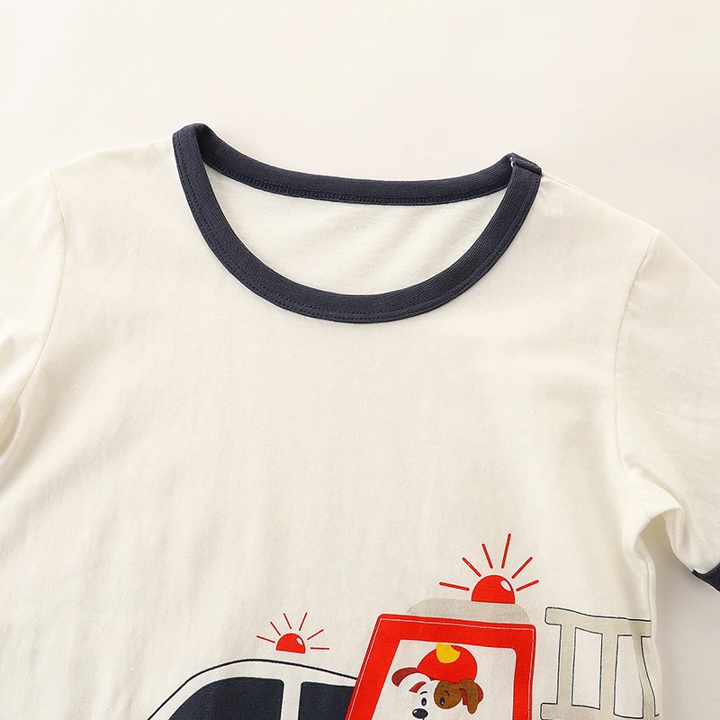 Two Piece Summer Boy Shorts Set Knitted Cotton Cartoon Fire Truck Print Casual Round Neck Sleeve, Two-Piece Set 2-7Y