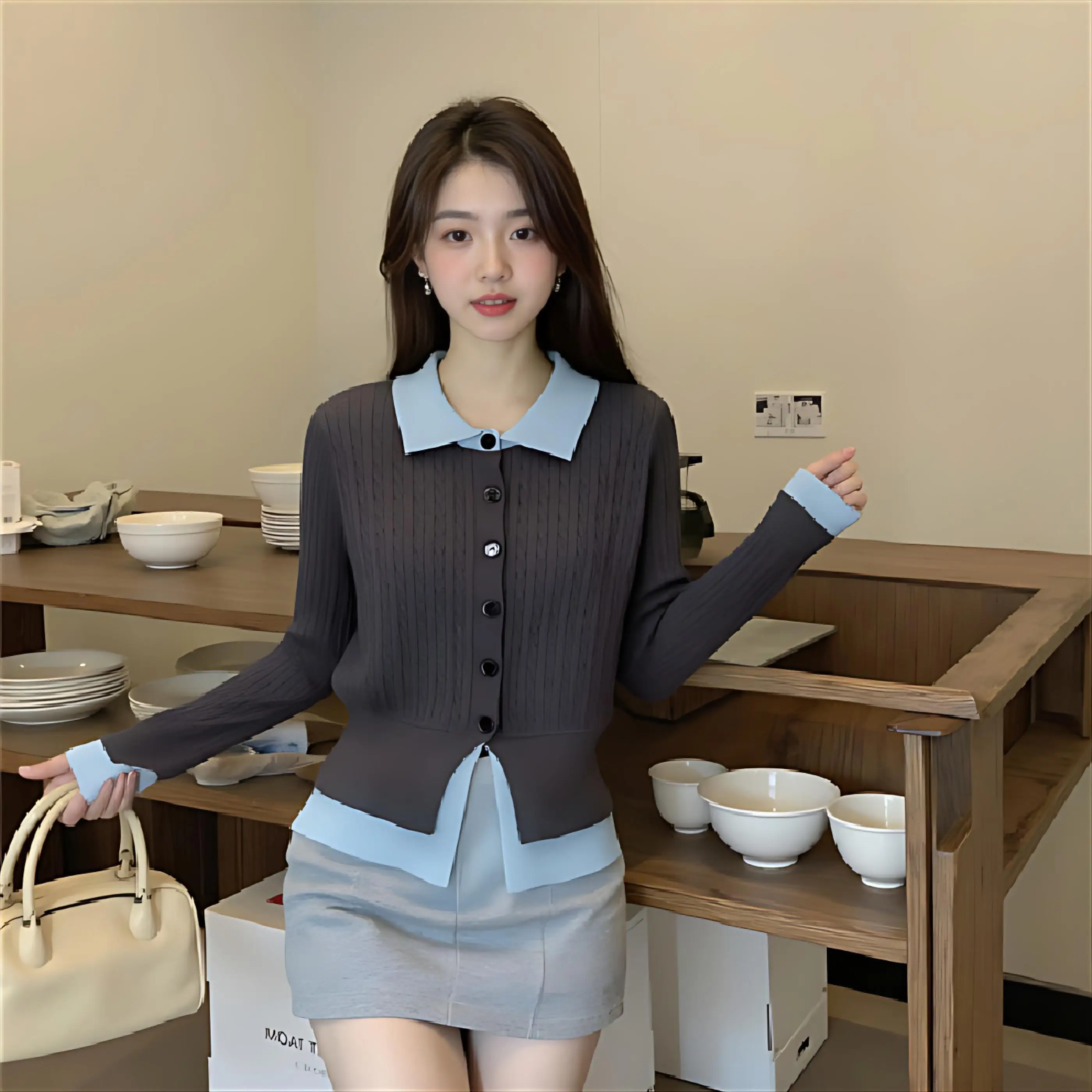 

Cardigans Korean Style Sweaters Womens Autumn Petal-Sleeve Hollowing Flap Exquisite Bling Illusion-Two-Pieces Ribble Removable