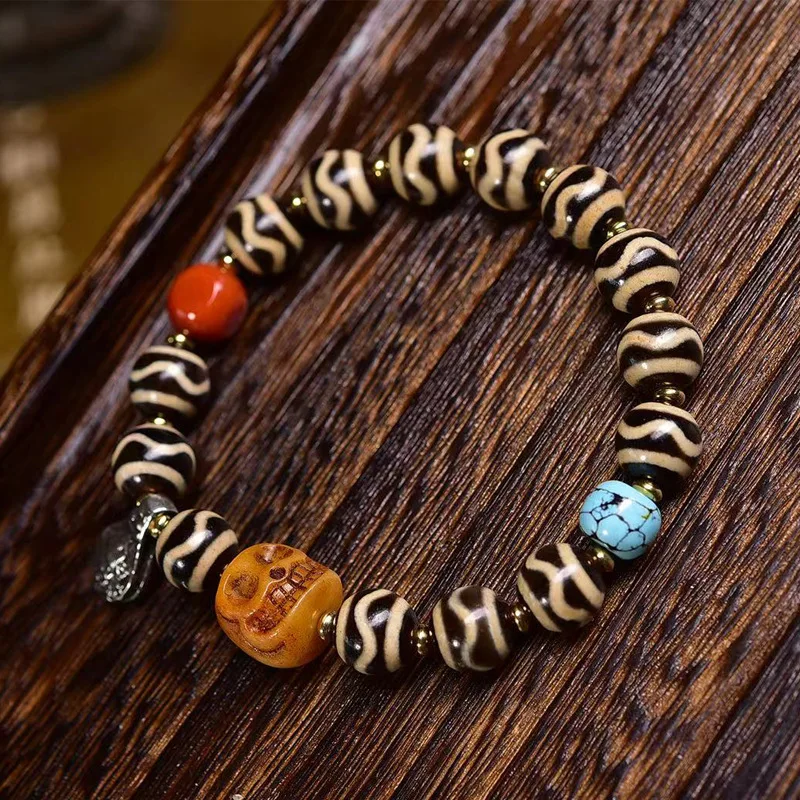 Tibetan natural water-patterned dzi bead , single-loop agate, turquoise, and bone accessories, vintage style bracelet