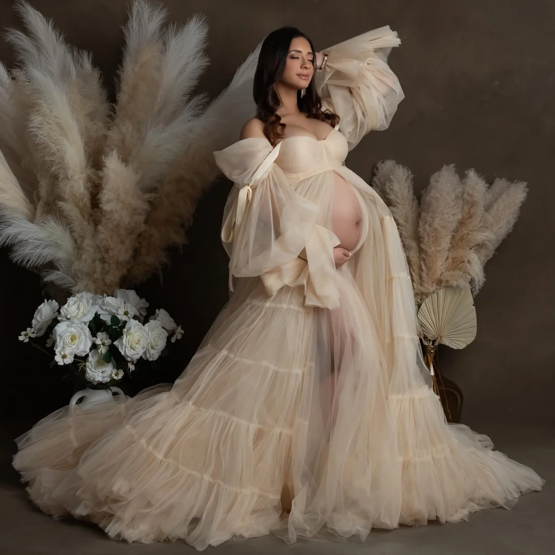 

Ivory Tulle Pleated Prom Dresses Layers Maternity Dress Customized Off the Shoulder Long Baby Shower vestidos Photography Props